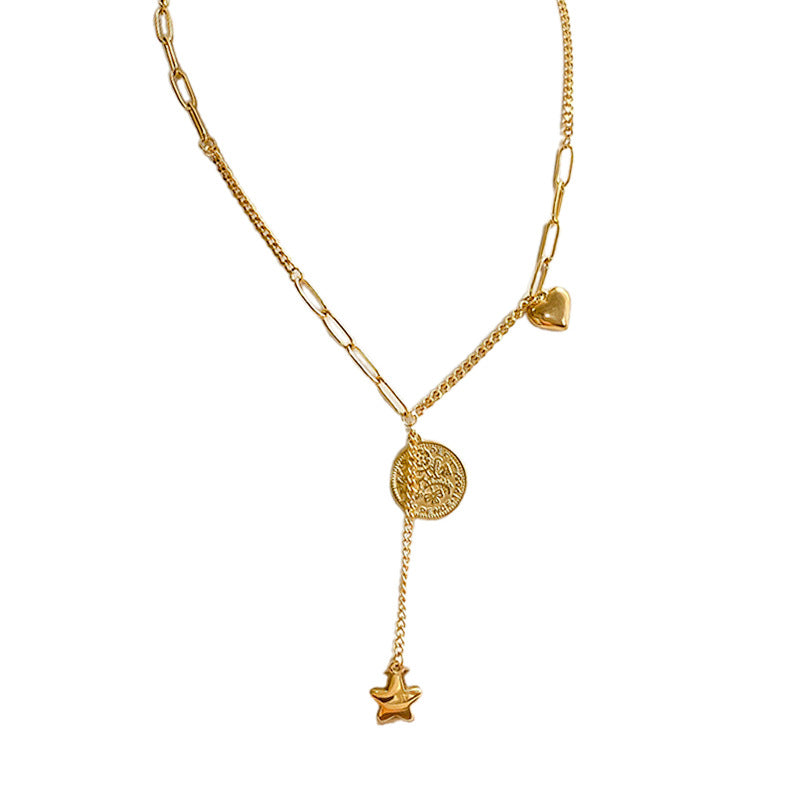 Round Queen Head Tassel Star Titanium Steel Plated Pendant Necklace with Cable Chain