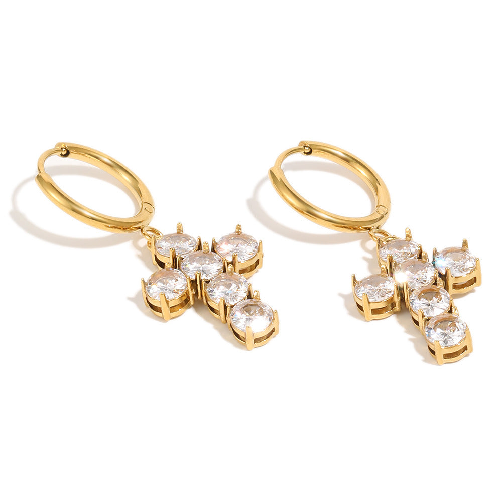 Orecchini a croce minimalistici ed eleganti in acciaio inossidabile placcato oro 18K con zirconia cubica