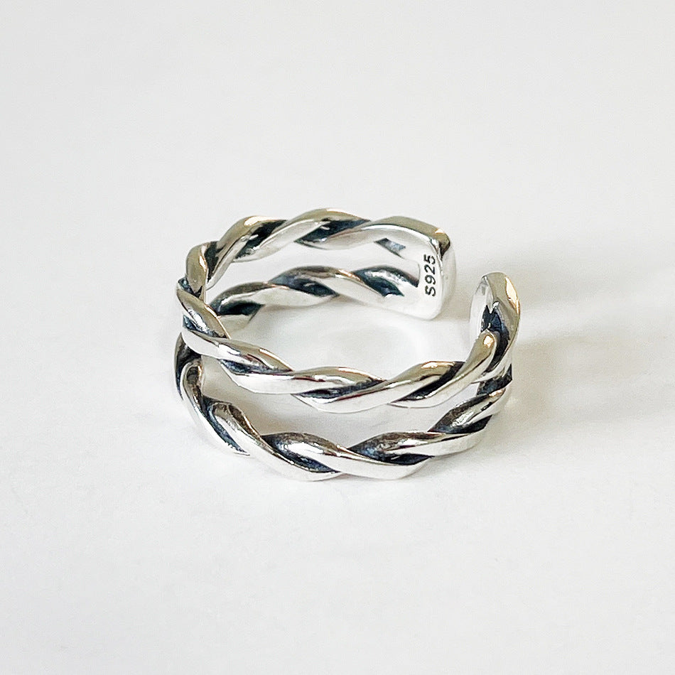 S925 Sterling Silver Antique Twisted Rope Double Layer Open Ring for Women French Vintage Style Hand Jewelry