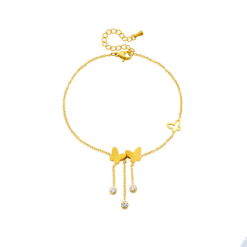 Minimalist Vintage Butterfly-Shaped Stainless Steel Anklet with Matte Finish, Hollow-Out Design and Rhinestone Accents