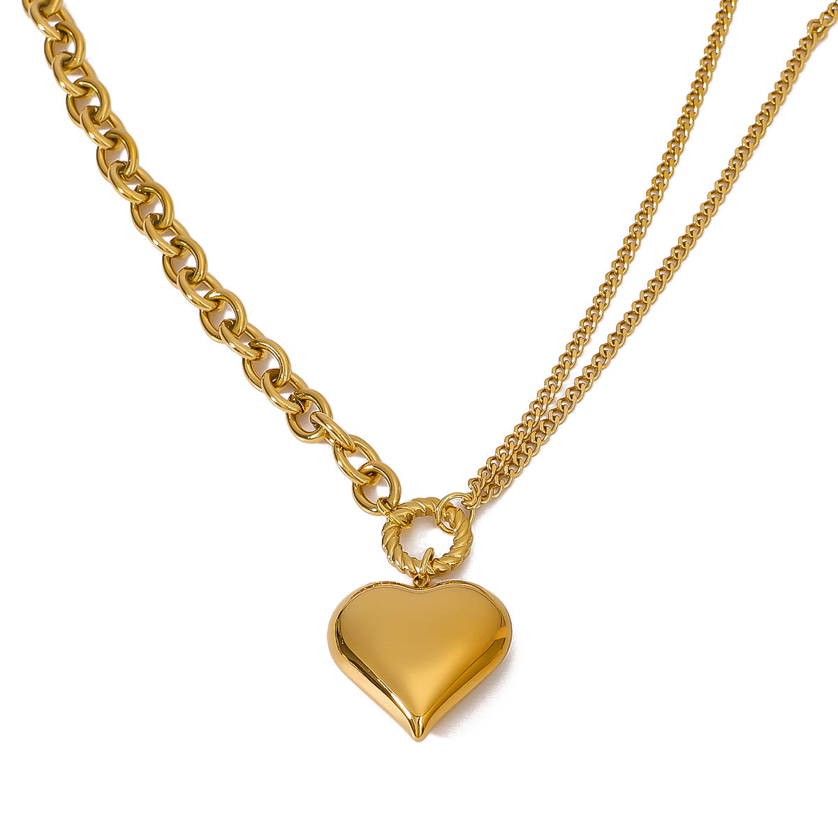 Retro Heart-Shaped Stainless Steel Necklace with 18K Gold Plating for Women, Minimalist Geometric Pendant Jewelry