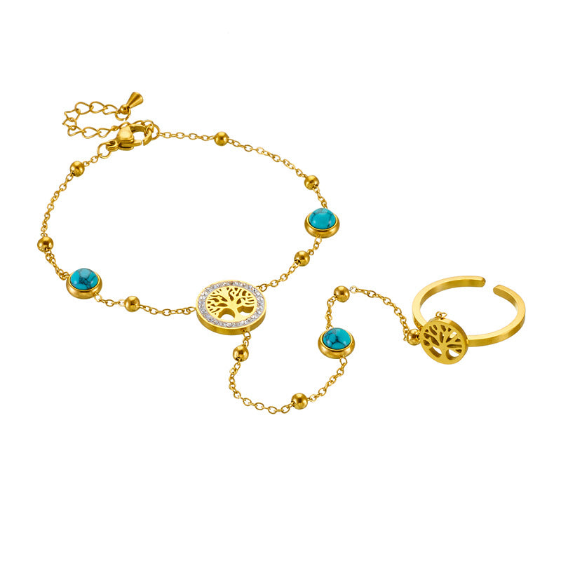 Bracciale di Tendenza Blu Turchese in Stile Vintage con Albero della Vita e Catena in Acciaio Inox Placcato Oro