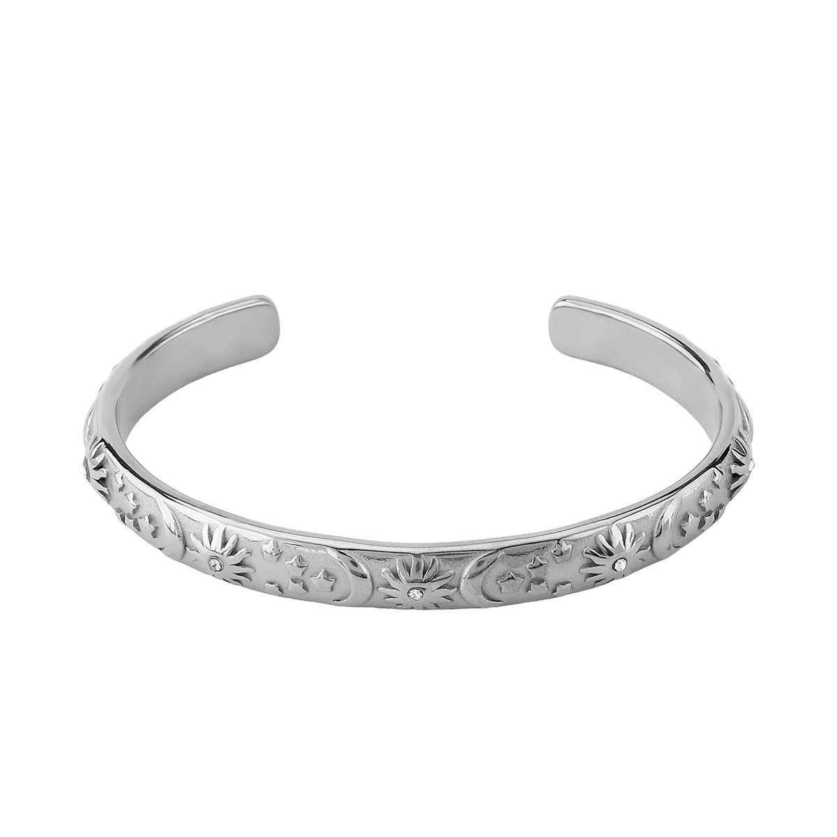Elegante Pulsera con Relieve Geométrico de Estrella y Luna con Incrustaciones de Zirconia en Acero Inoxidable para Mujer