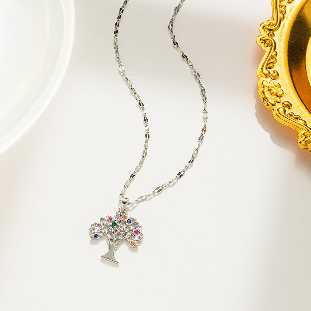 Collana con ciondolo Albero della Vita Natural Style da donna in acciaio al titanio con zirconi cubici micro-incastonati su catena ondulata