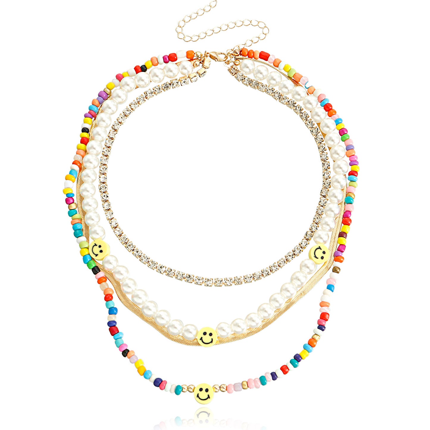 Minimalist Cold-Tone Baroque Pearl Smile Pendant Necklace for Women Alloy Chain with Rhinestone Inlay and Plated Finish