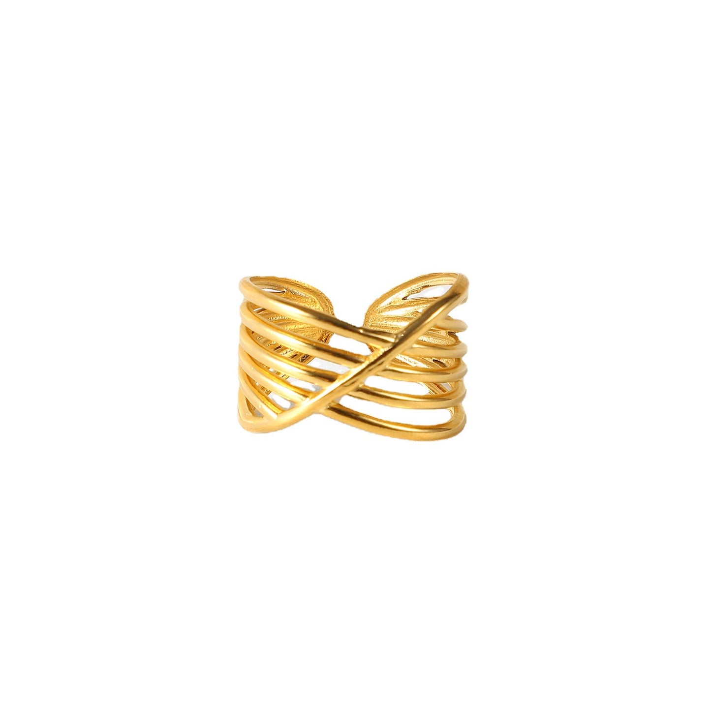 Anillo Abierto Multicapa Cruz Geométrico de Moda Bañado en Oro 18K Acero Titanio Joyería para Mujer