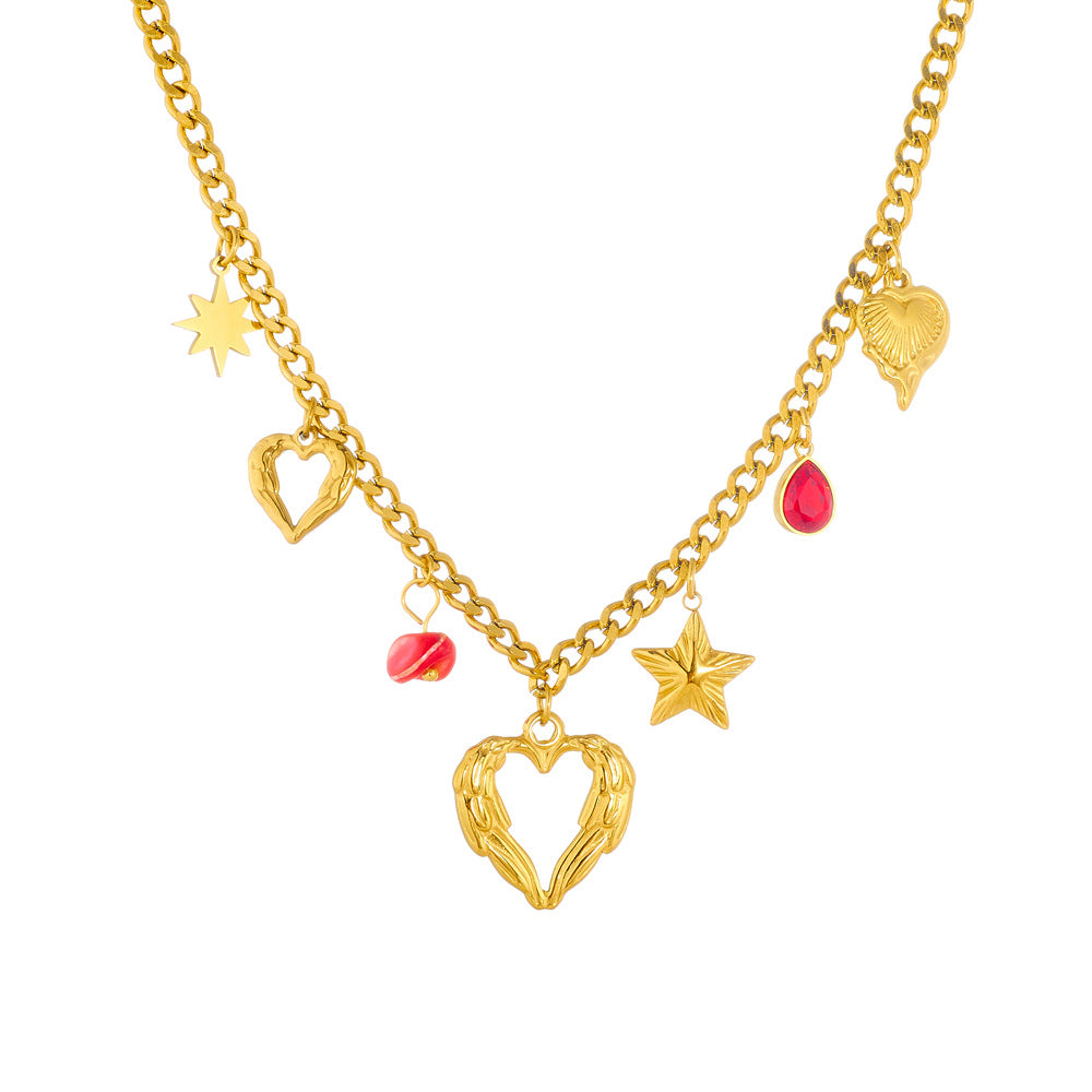 Fashionable Hollow Heart and Star Pendant Necklace with Rhinestone Accents in Gold-Plated Stainless Steel for Women