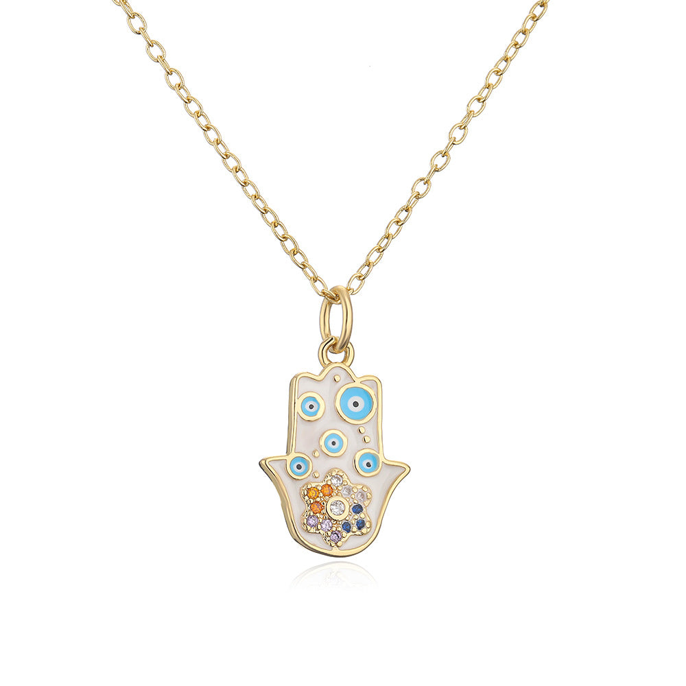 Minimalist Geometric Fatima Hand Pendant Necklace for Women in Copper with 18K Gold Plating and Enamel Finish Featuring Cubic Zirconia Accents