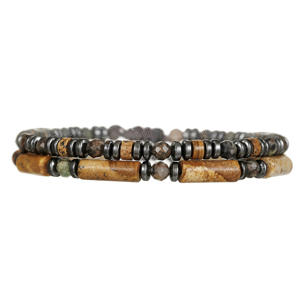 Vintage Casual Round Geometric Hand-beaded Hematite Picture Stone Bracelet for Men and Women