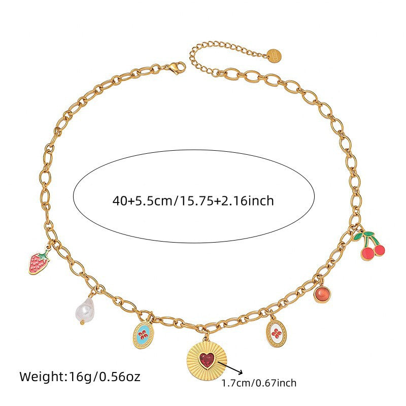 Sweet Rainbow Fruit Heart Stainless Steel Plated Pendant Necklace for Women with Cable Chain