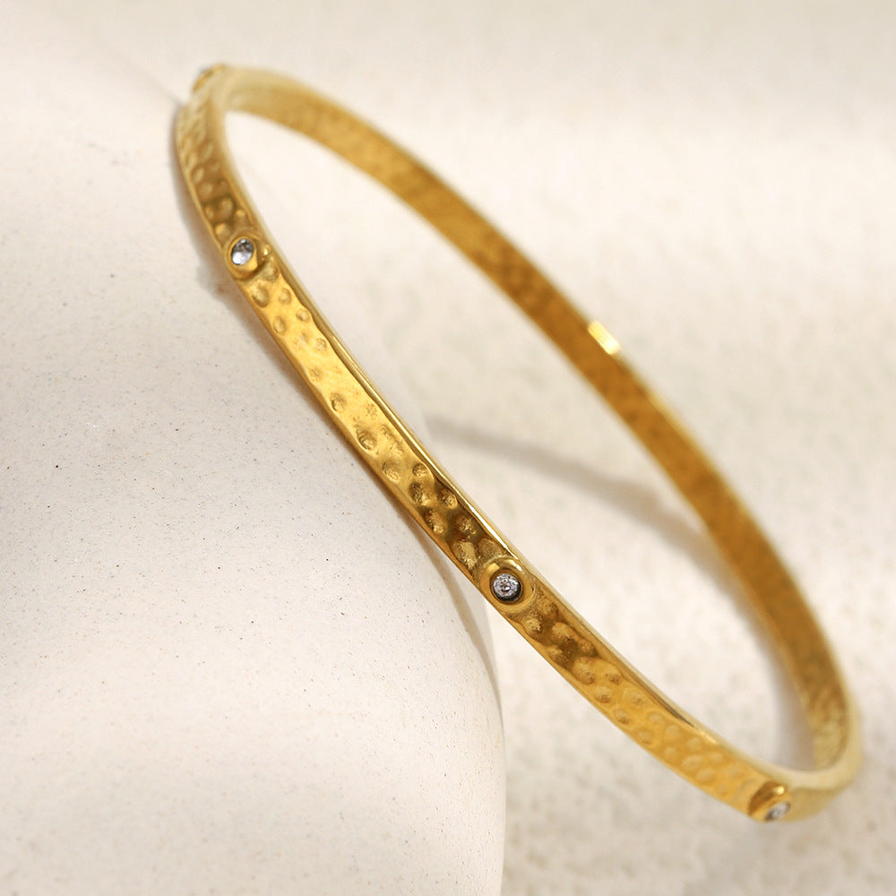 Vintage-Inspired Hammered Texture Stainless Steel Bracelet with 18K Gold Plating and Small Round Rhinestones