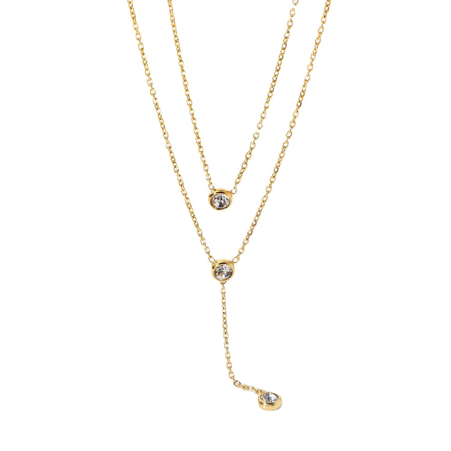 Trendy 18K Gold Plated Stainless Steel Y-Shape Geometric Necklace with Sparkling Water Drop Zircon for Women