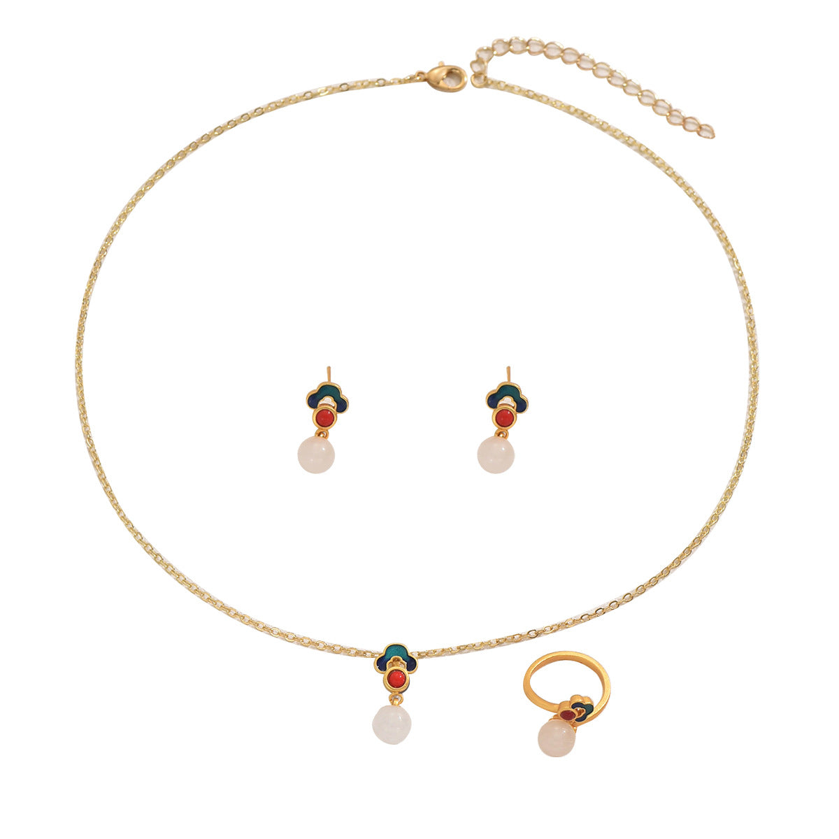 Juego de Collar, Pendientes y Anillo de Cobre con Diseño Geométrico de Nubes Estilo Retro Chino, Incrustado con Gemas Artificiales Bañadas en Oro