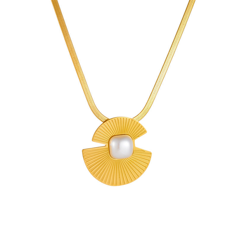 Vintage Minimalist Fashionable Stainless Steel Plated Fan-Shaped Pendant Necklace