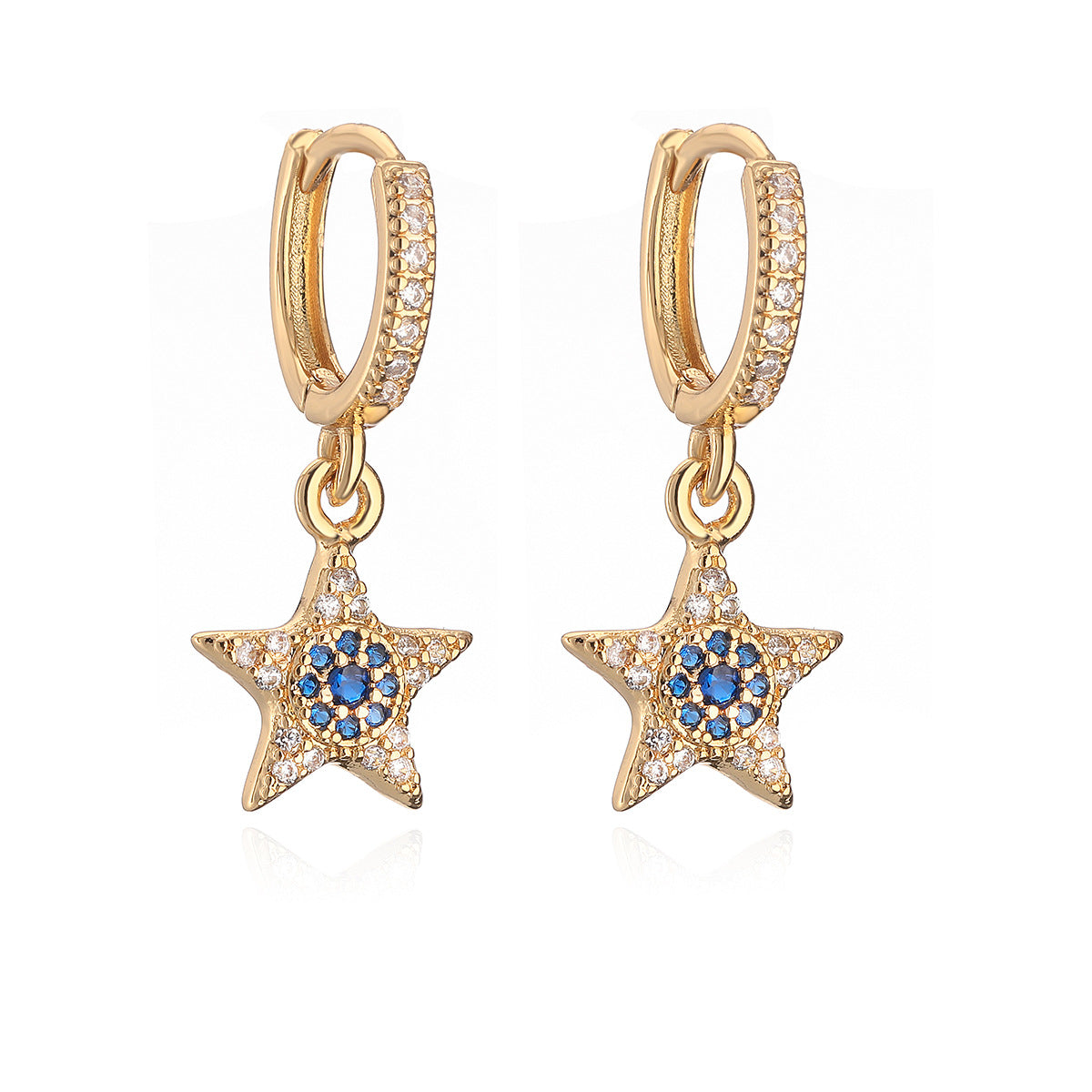 Minimalist Geometric Star-Shaped Copper Earrings with Real Gold Plating and Blue Zircon Accents for Women