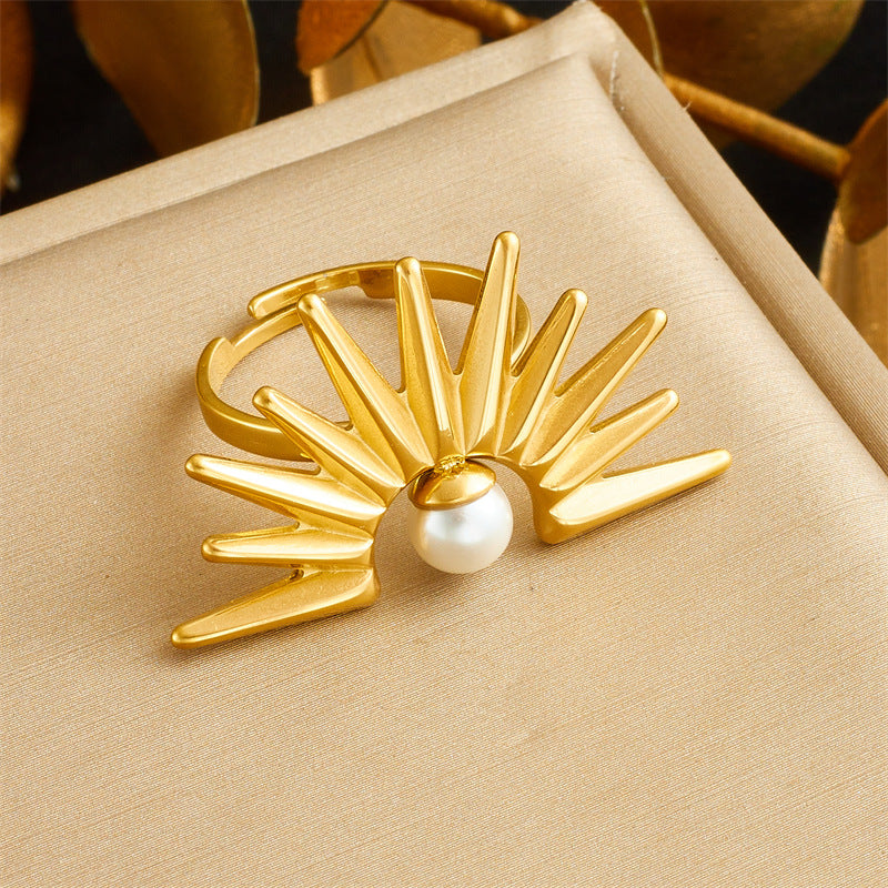 Conjunto de collar, aretes y anillo vintage de girasol con perlas para mujer, cadena de caja de acero inoxidable enchapado