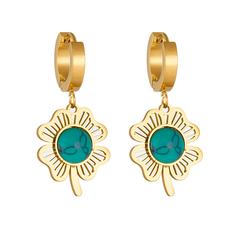 Vintage Fashion Stainless Steel Clover Round Turquoise Pendant Earrings