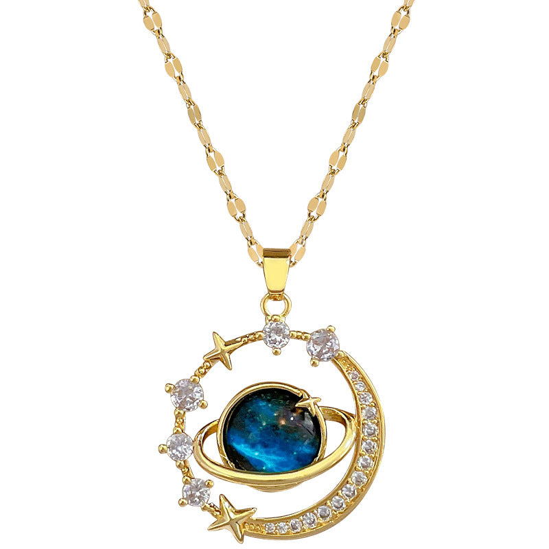 Collar de lujo de acero de titanio geométrico de estrella y luna con incrustaciones de diamantes de imitación para mujer y hombre