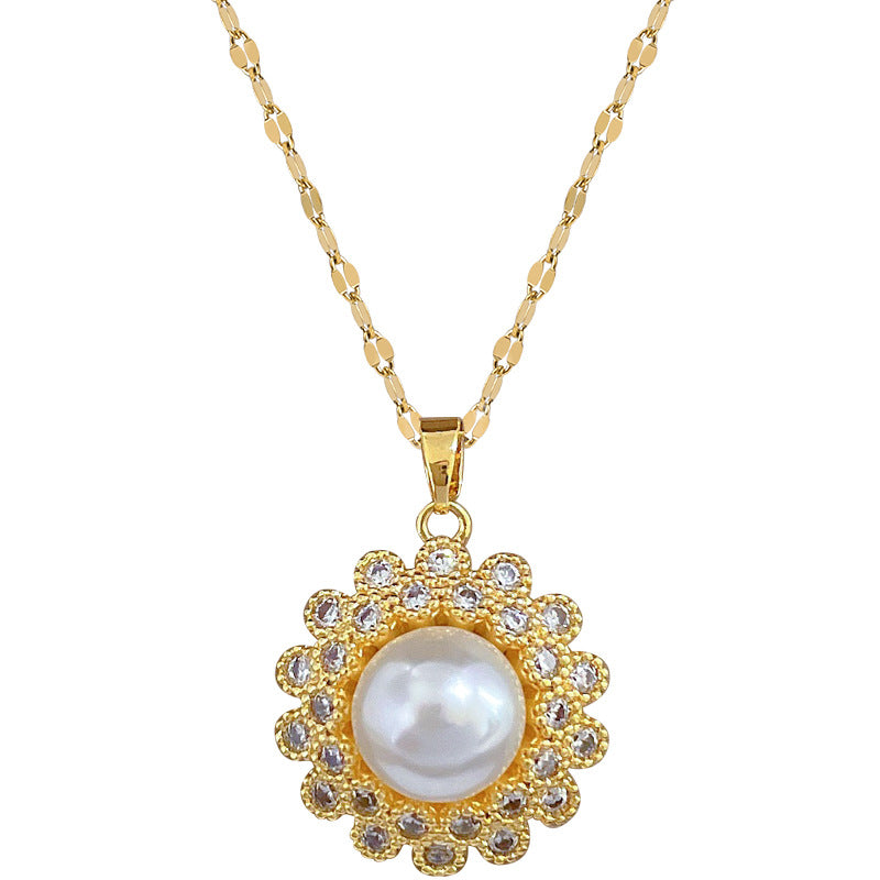Collana con pendente minimalista a nido con perle e strass in acciaio al titanio con design geometrico per donna e uomo