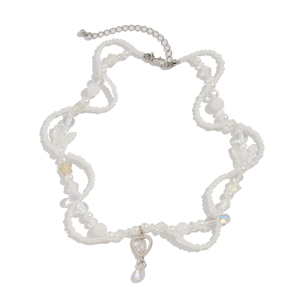 Sweet Minimalist Heart and Geometric Pendant Necklace with Acrylic Beads Rhinestone Accents and Enamel Finish for Women