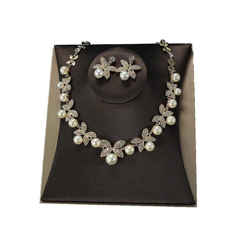 Luxury Floral Pearl Crystal Alloy Plated Curb Chain Necklace and Earring Set for Women