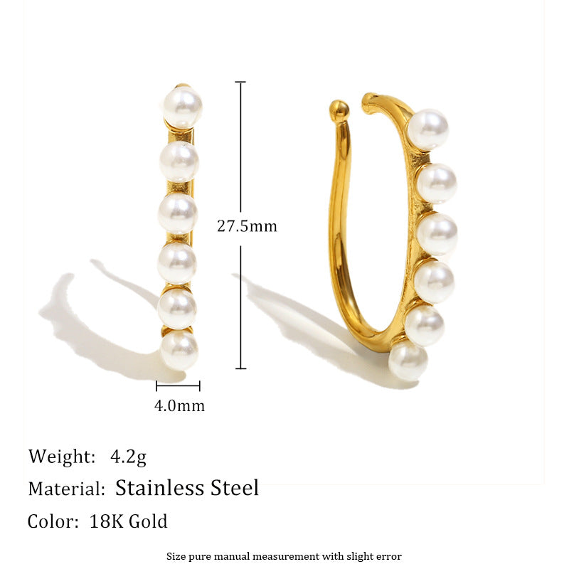 Minimalist Geometric Stainless Steel Ear Clips with 18K Gold Plating and Single Pearl Accent for Women