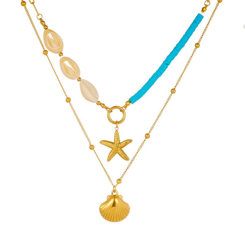 Collana a strati con ciondolo a stella marina e perla in acciaio inossidabile Fashion Office con charm a conchiglia e catena a scatola color oro