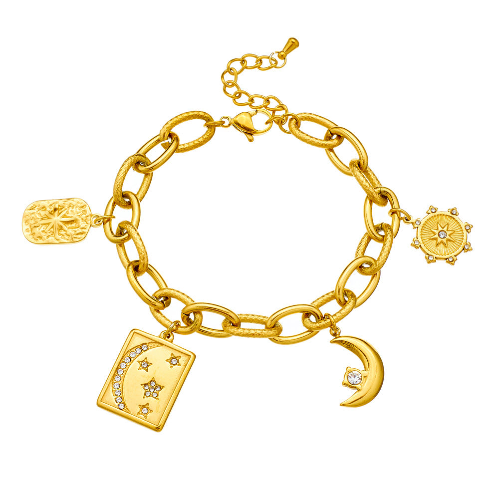 Fashion Geometric Square Pendant Bracelet with Gold Plated Stainless Steel Chain, Star and Moon Motifs, Rhinestone Inlay