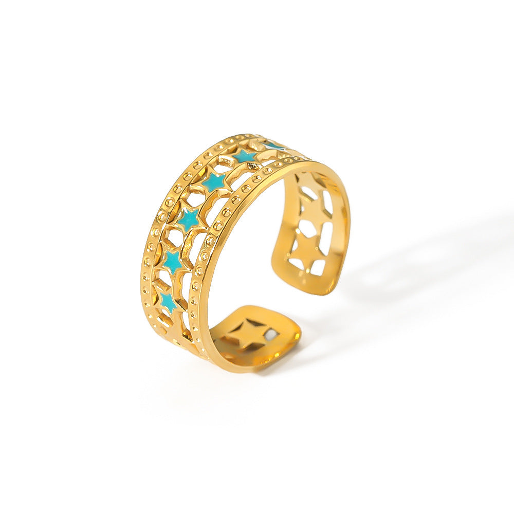 INS Style Geometric Star-Shaped Enamel and 18K Gold-Plated Stainless Steel Women's Adjustable Ring