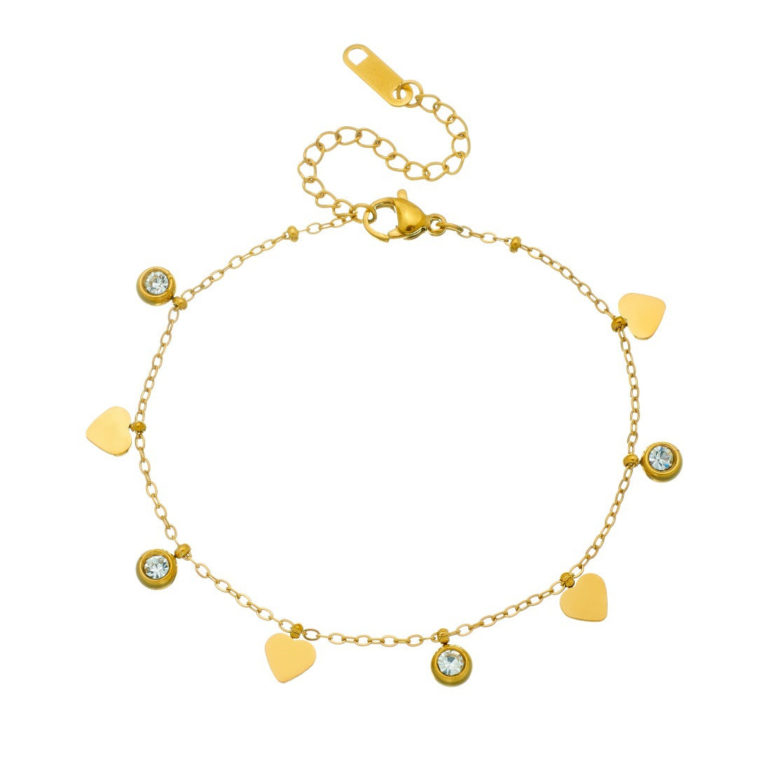 Minimalist Gold Plated Stainless Steel Round Heart Rhinestone Pendant Chain Bracelet for Women