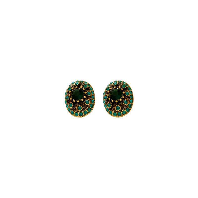 Orecchini ovali geometrici stile vintage da donna, con intarsi di strass e base in lega placcata oro