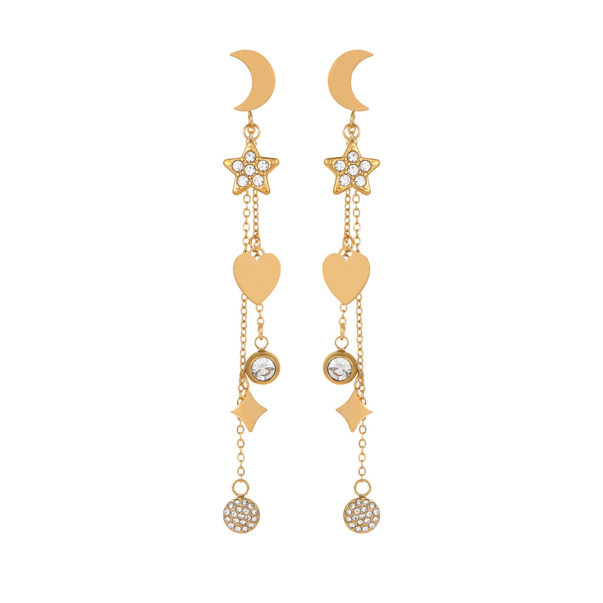 Pendientes geométricos de borla de estrella y luna de acero inoxidable chapados en oro de 18 quilates OL para mujer