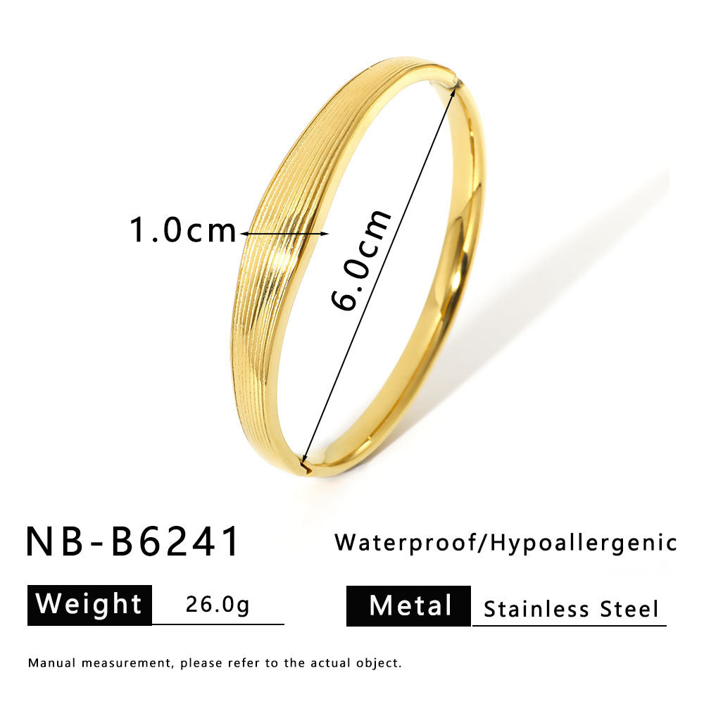 Minimalist INS Style Geometric Scale Pattern Rhinestone Inlaid White Abalone Titanium Steel Bracelet with 18K Gold Plating