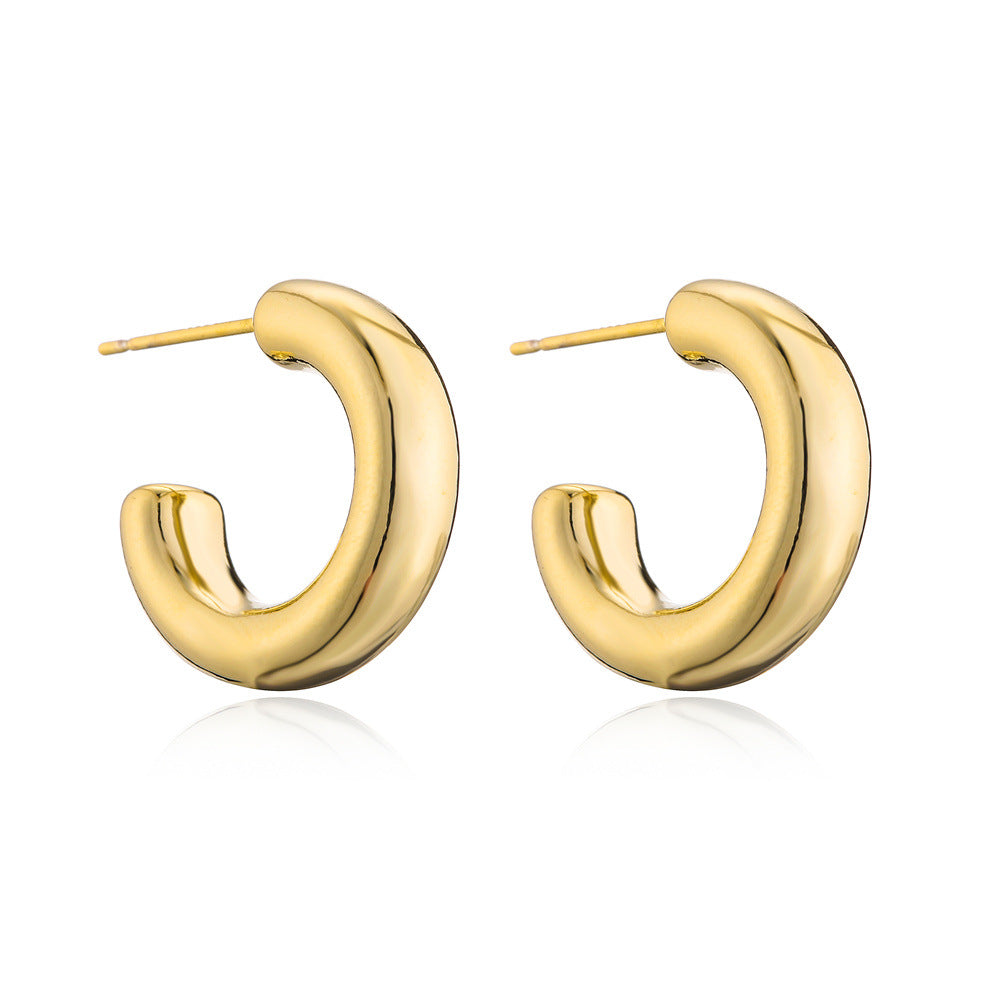 Minimalist 14K Gold Plated Geometric Half-Round Brass Earrings with 925 Sterling Silver Posts for Women