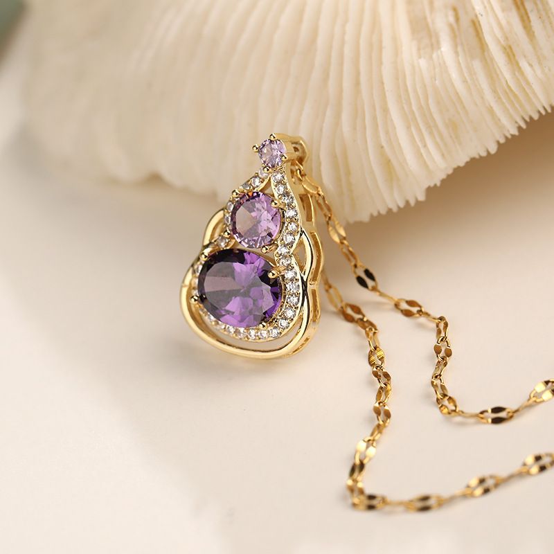 Minimalist Pink Crystal Gourd Pendant Necklace in Titanium Steel with Gold Plating on O-Chain for Women and Unisex Wear