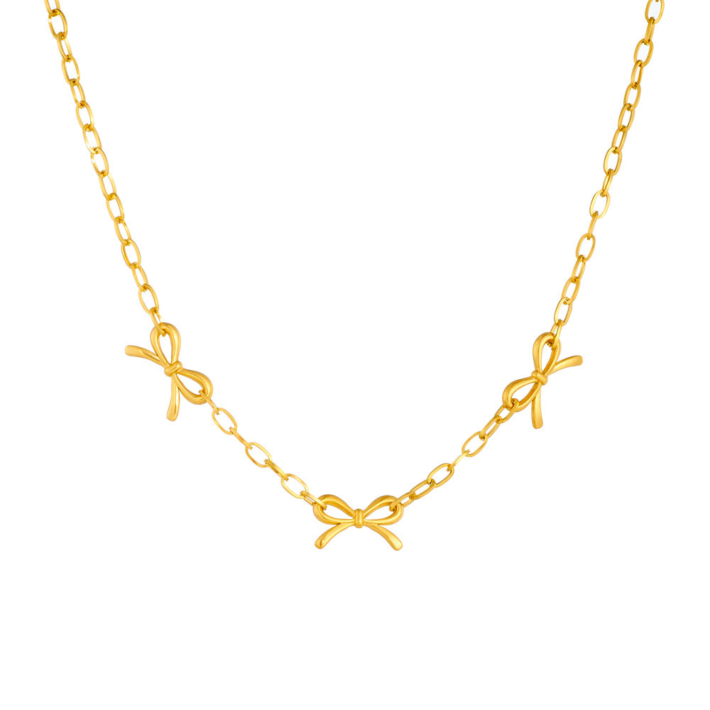 Punk Vintage Gold Plated Stainless Steel Curb Chain Necklace with Bow Knot Pendant