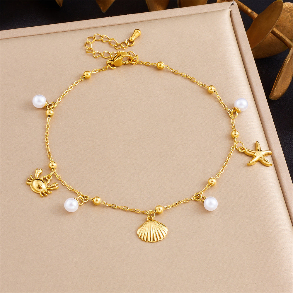Minimalist Stainless Steel Starfish Turtle Animal Pearl Anklet for Women