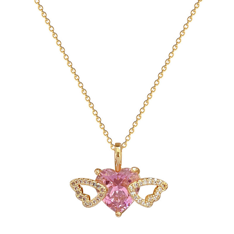 Elegant Hollow Heart Wing Pendant Necklace for Women Stainless Steel Delicate Clavicle Chain with Rhinestone Accents