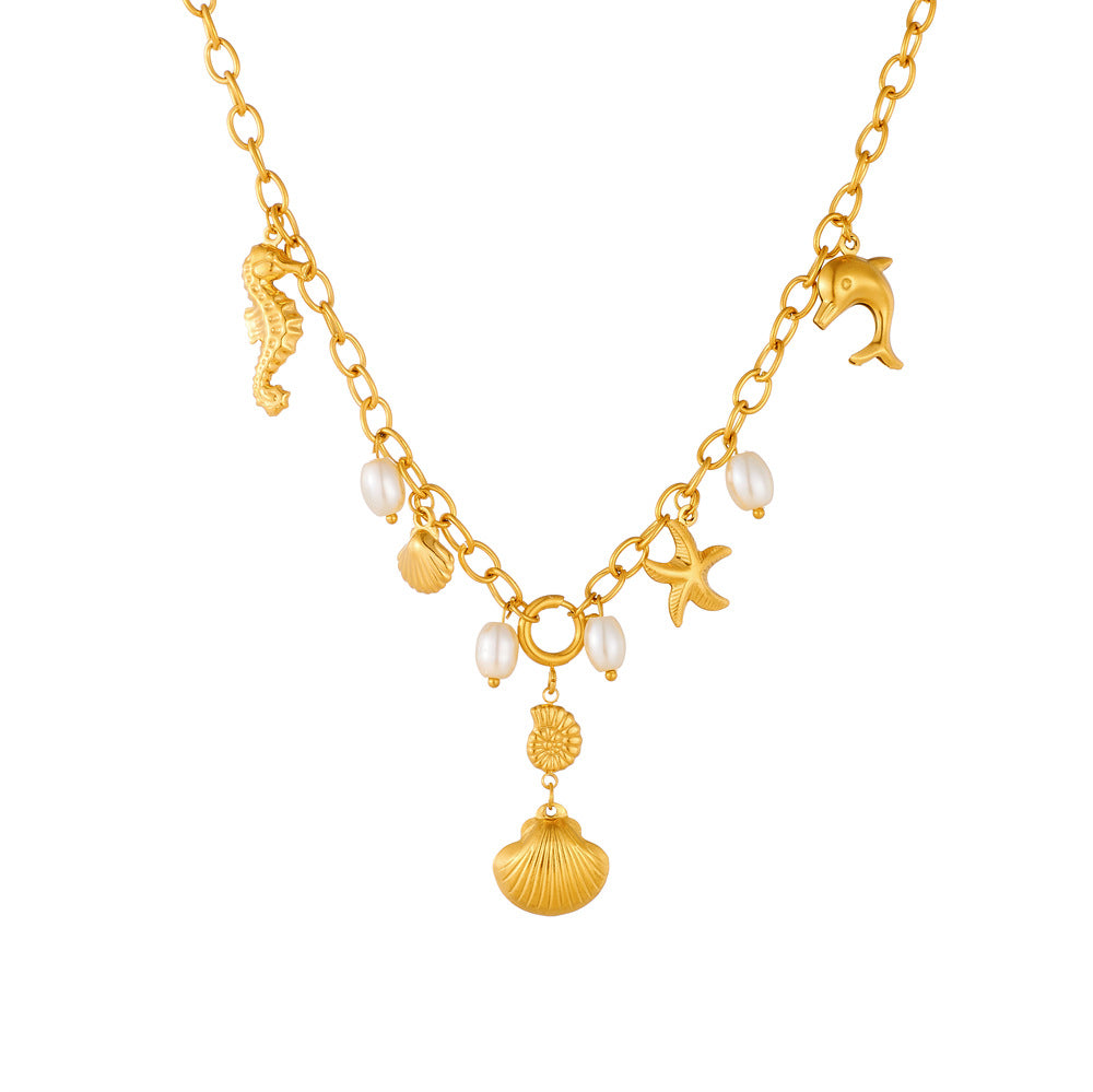 Chic Gold Plated Stainless Steel Starfish and Seahorse Necklace for Women