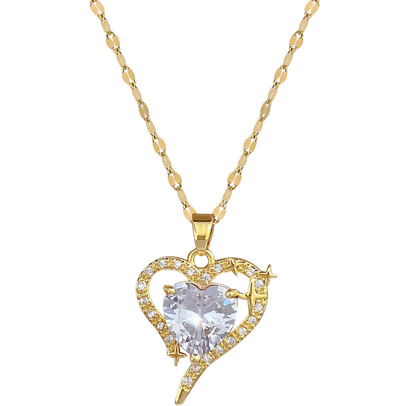 Collar con colgante de circonita con forma de corazón de acero de titanio de lujo para mujer, cadena delicada para clavícula con diseño geométrico