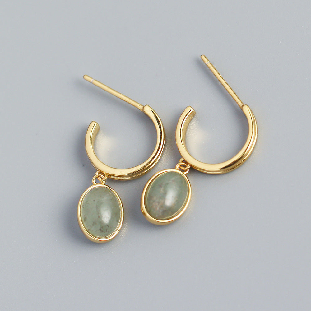 Minimalist Vintage S925 Sterling Silver Geometric C-Shaped Aventurine Inlay Earrings