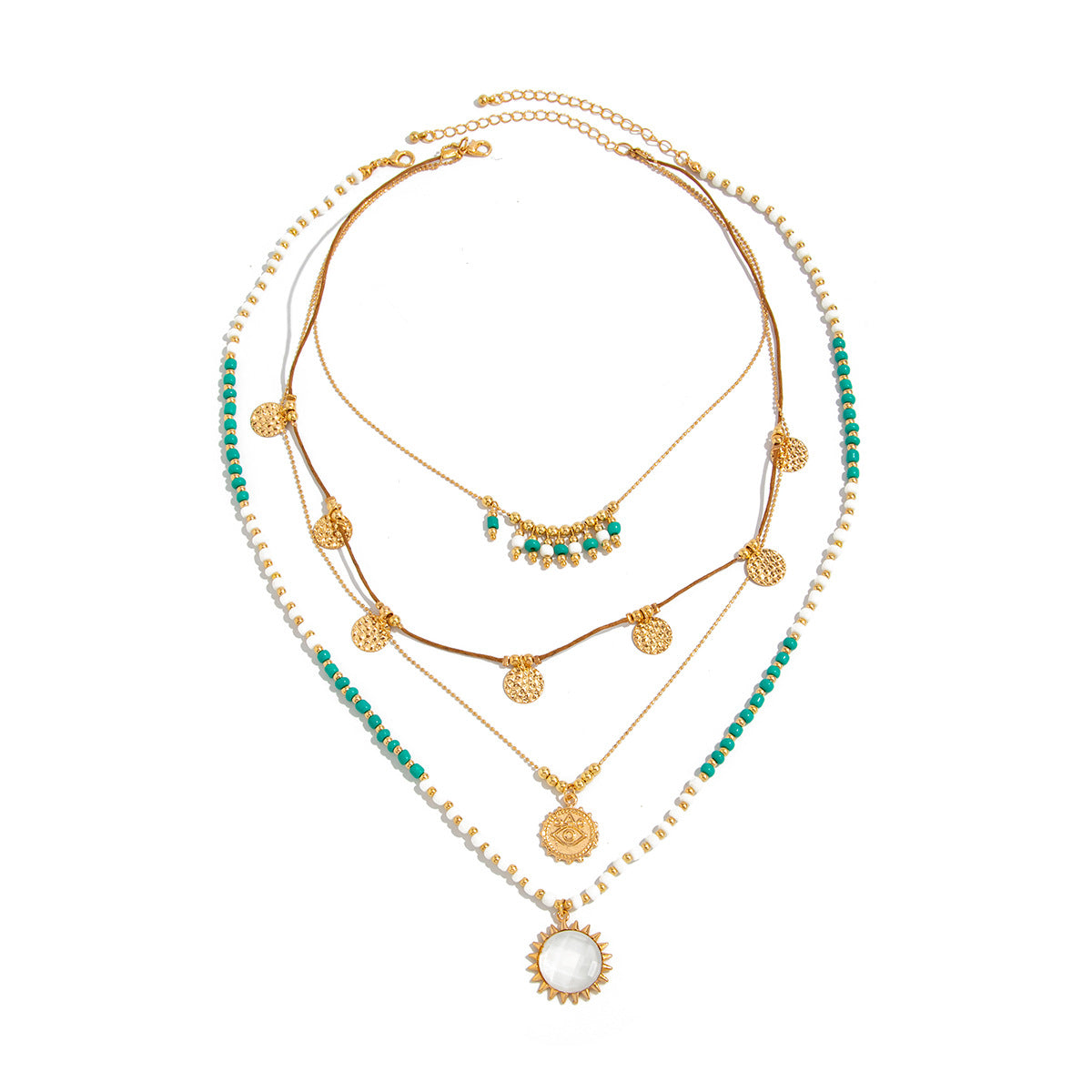 Bohemian Geometric Round Alloy Pendant Plated Brass Multi-layer Necklace for Women