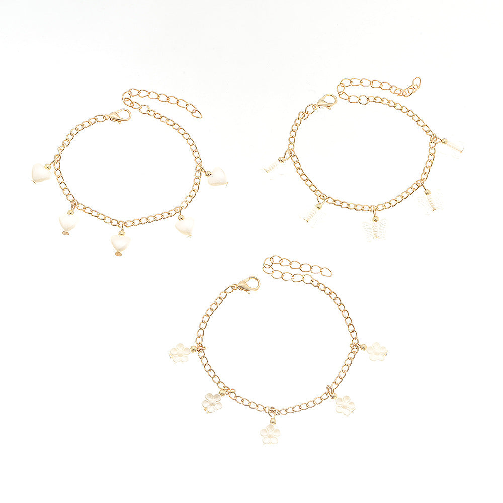 Conjunto de pulseras de metal con colgante de perlas, flores y mariposas en forma de corazón, hecho a mano, estilo princesa, para niñas