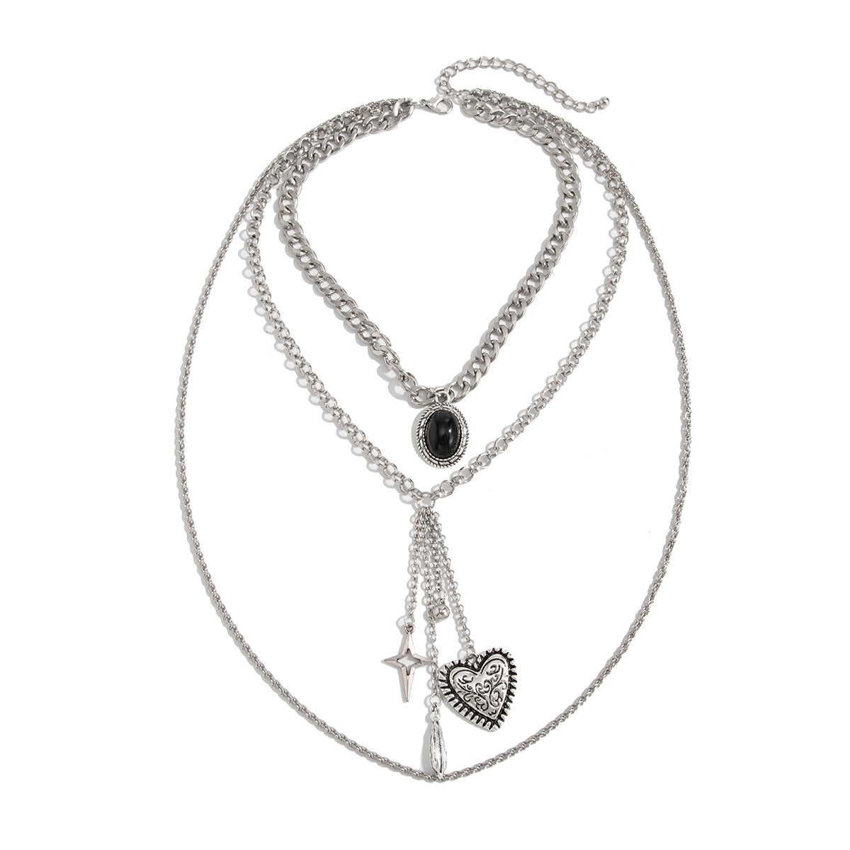 Punk Vintage Heart Shape Alloy Gemstone Inlay Plated Multi-layer Necklace for Women