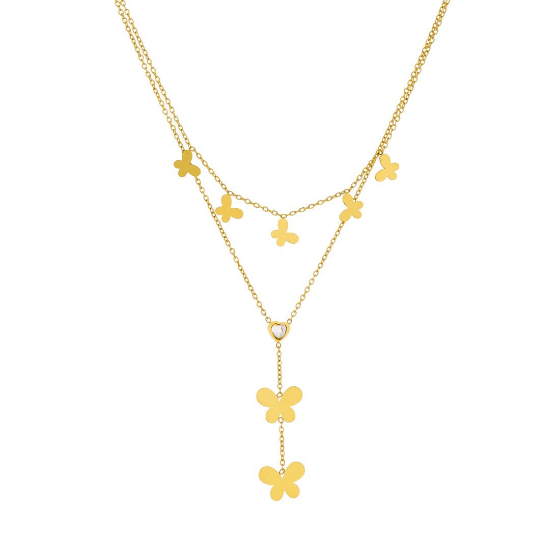 Gold Plated Rhinestone Butterfly Stainless Steel Layered Necklace with Tassel
