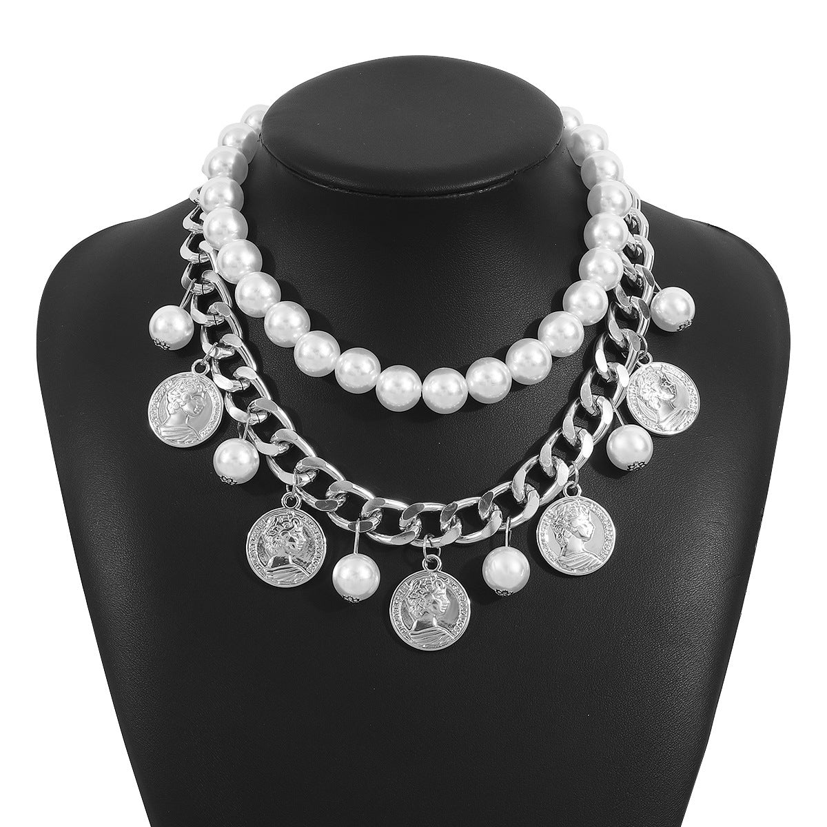 Vintage Elegant Geometric Alloy Plated Portrait Queen Relief Tassel Double Layer Pearl Necklace for Women
