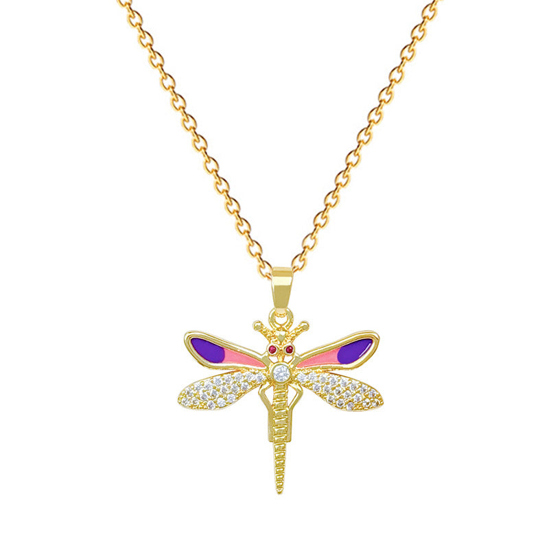 Sweet Elegant Geometric Dragonfly Drip Oil Rhinestone Necklace Titanium Steel Cable Chain Unisex