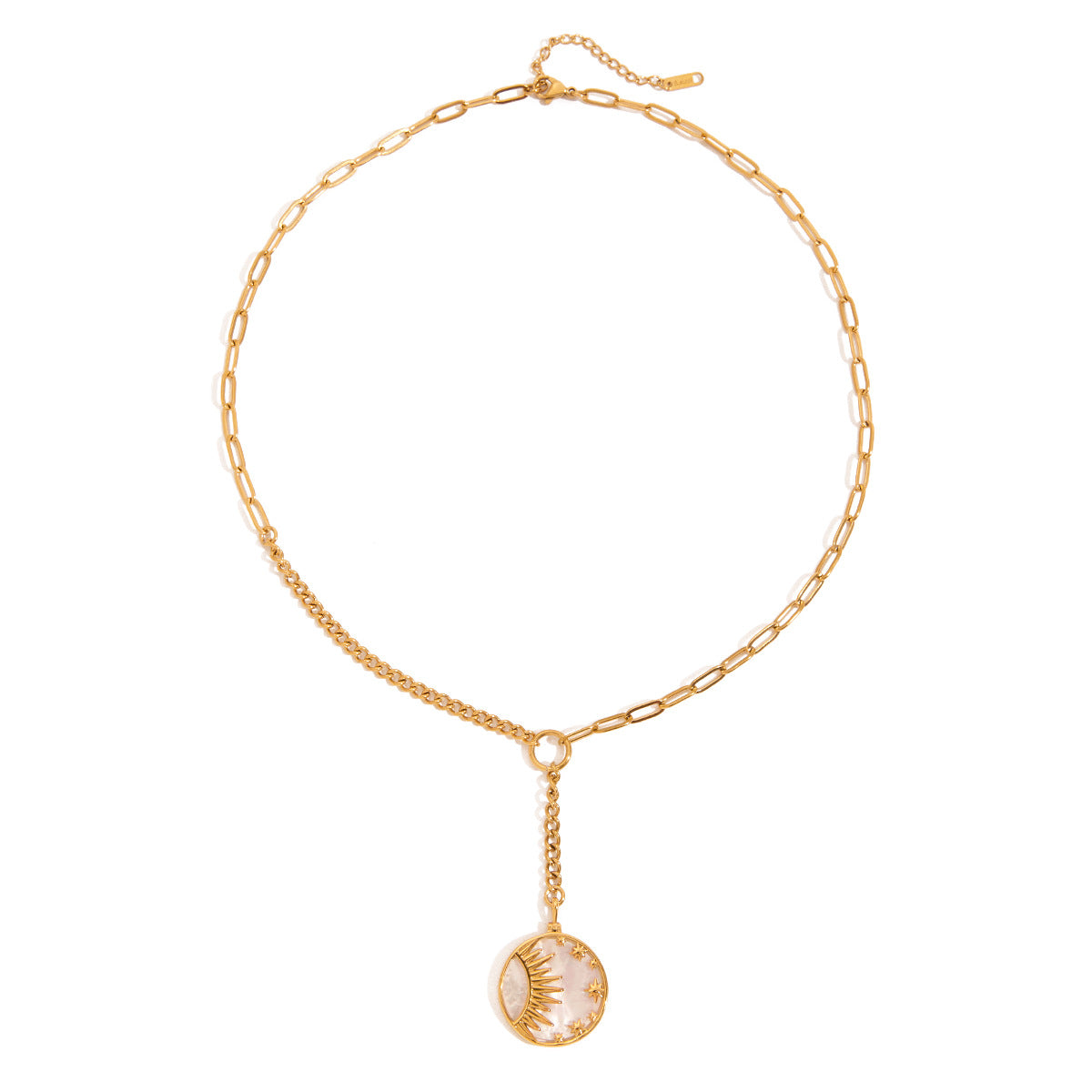Collana Donna in Acciaio Inox con Ciondolo Sole Geometrico, Finitura Placcata, Catena Clavicola di Tendenza