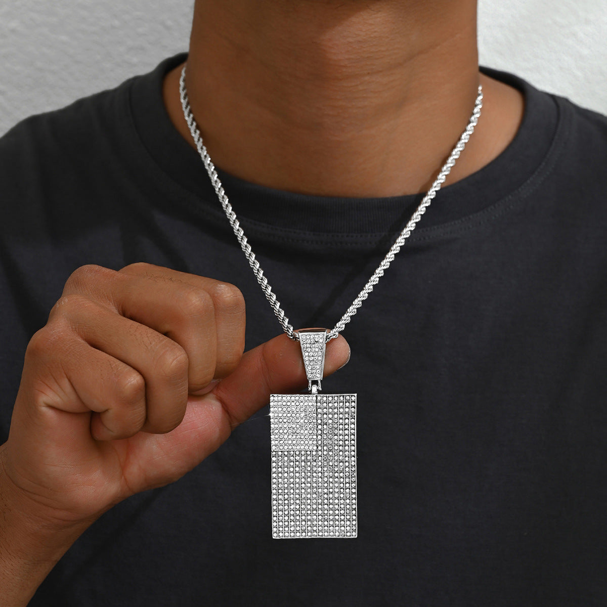 Hip Hop Style Square Pendant Necklace in Zinc Alloy with Rhinestone Inlay on Cuban Chain for Women