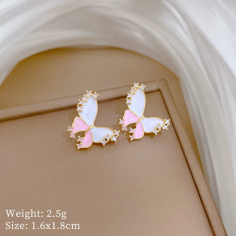 Sweet Drip Oil Pink Butterfly Moon Rhinestone Titanium Steel Necklace Set for Women and Men